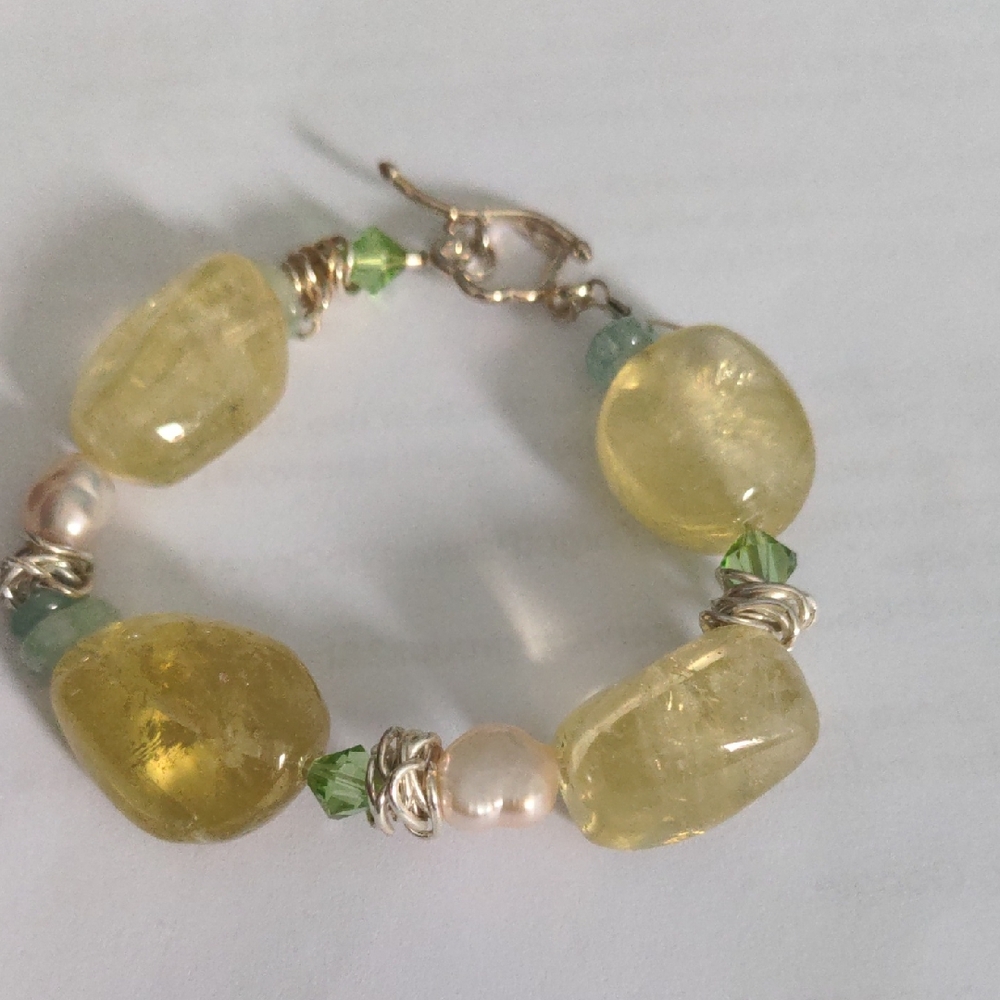 Multi gem Sterling Bracelet, New, Lemon Quartz, Aqua, Swarovski, Pearls